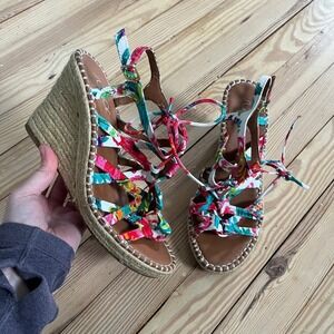 Sugar Womens Floral Espadrille Wedge Sandals Multi Color Strappy LaceUp Size 7.5